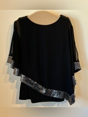 Embellished Asymmetrical Overlay Top Black Chiffon Sequin Trim NWT Macy's